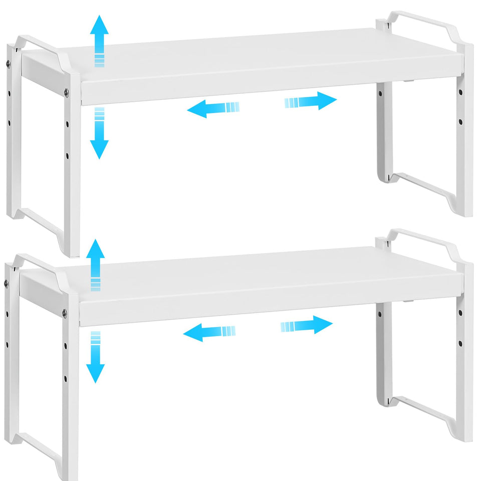 X-cosrack two-pack expandable shelves extend to fit spaces, boosting counter organization