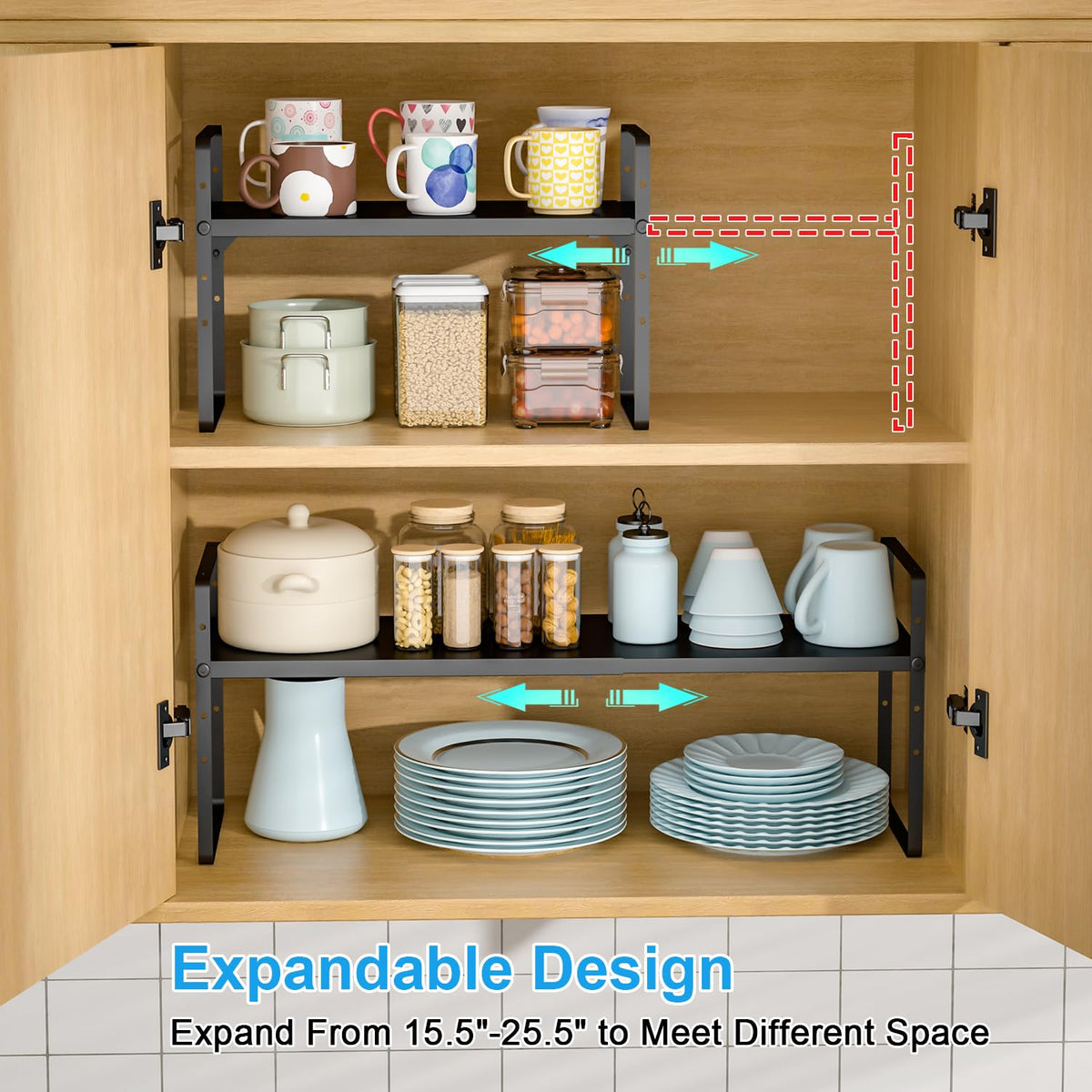 Two-pack X-cosrack shelves maximize vertical kitchen storage