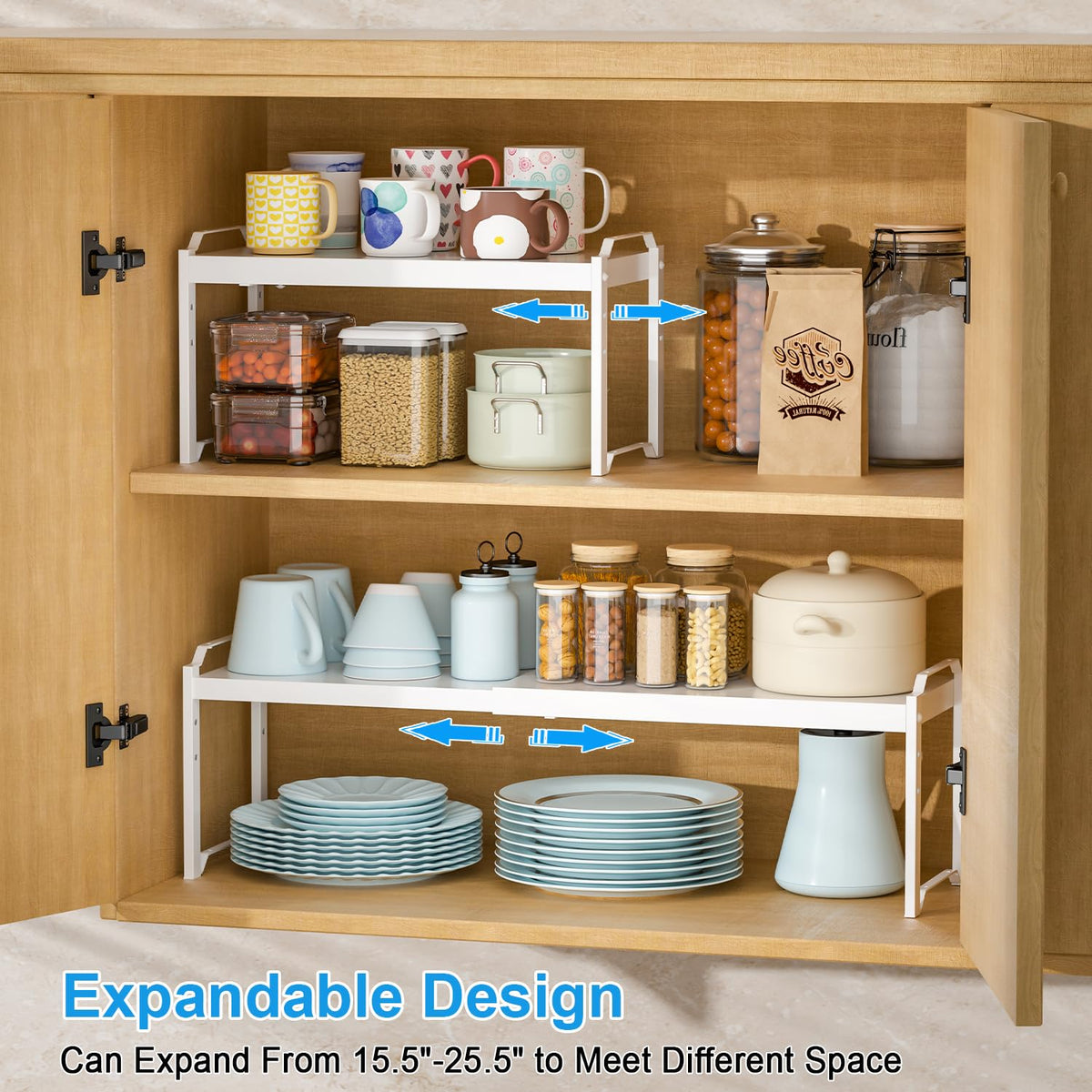 X-cosrack vertical storage maximizes cupboard space for cups and cans