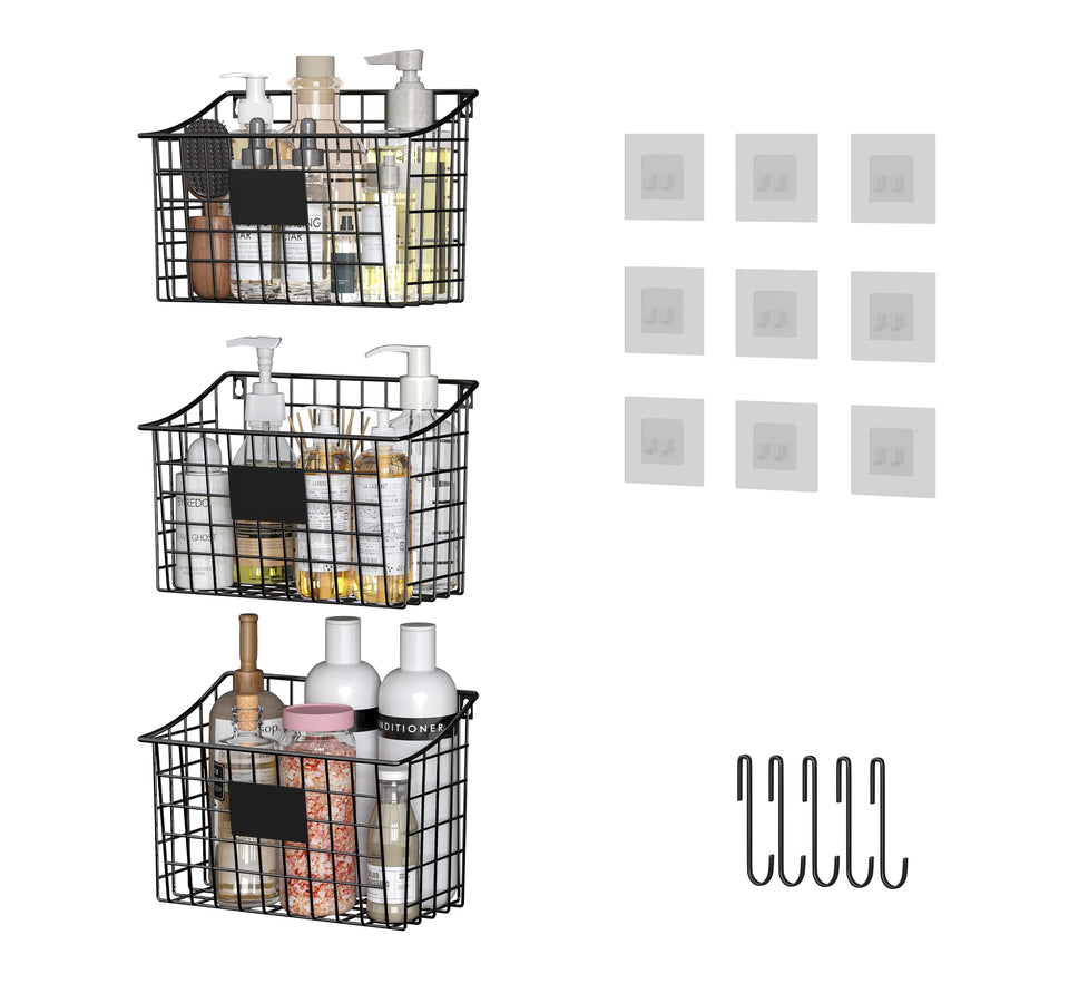 X-cosrack wall-mounted bin basket with five hooks for organized kitchen storage.