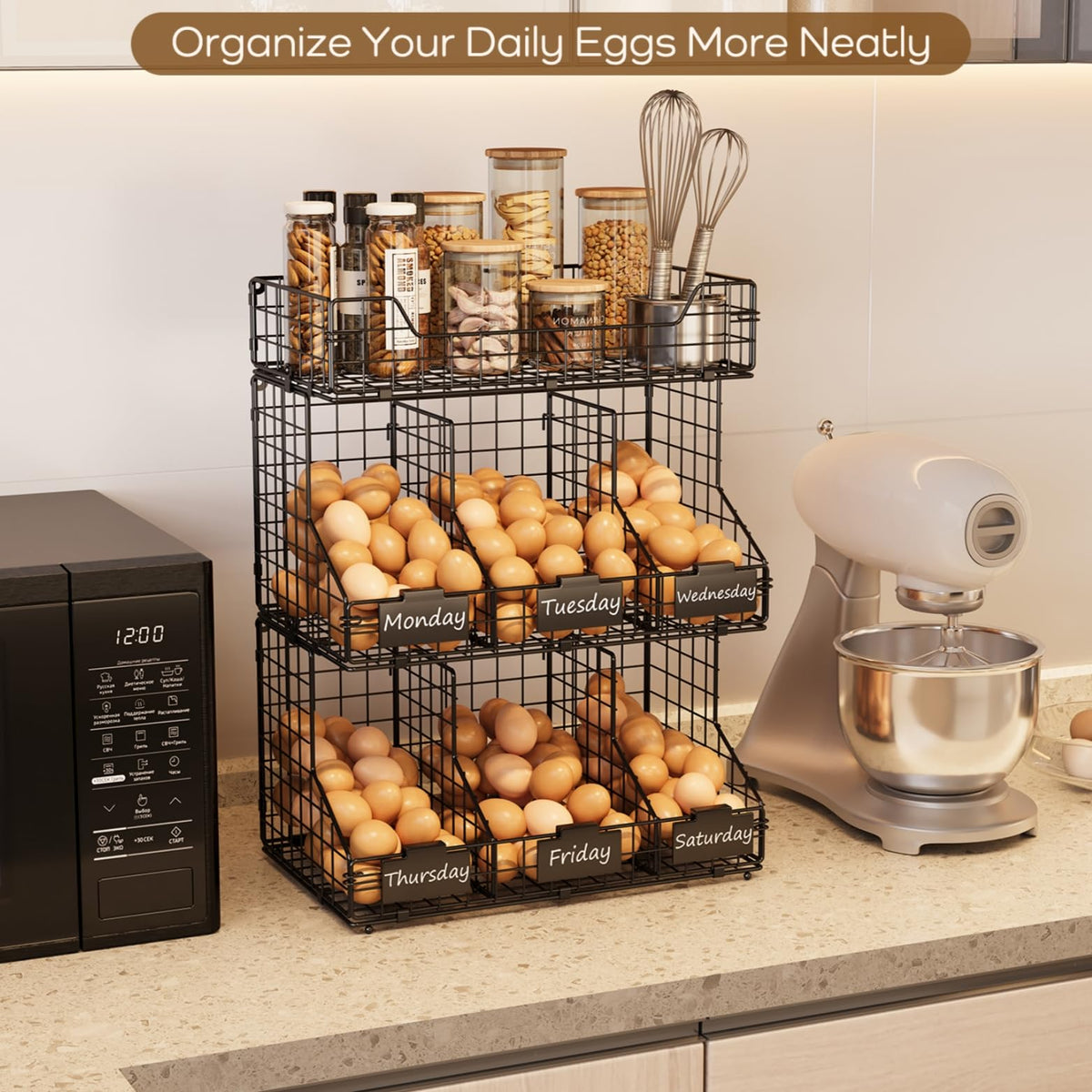 X-cosrack wall-mount option keeps eggs within reach and saves counter space.