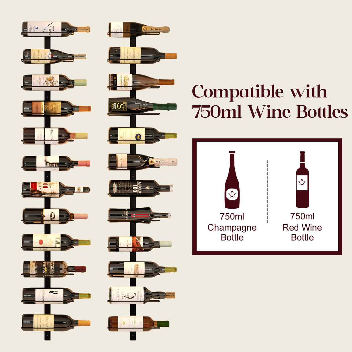 X-cosrack wine bottle display on the wall adds an elegant touch.