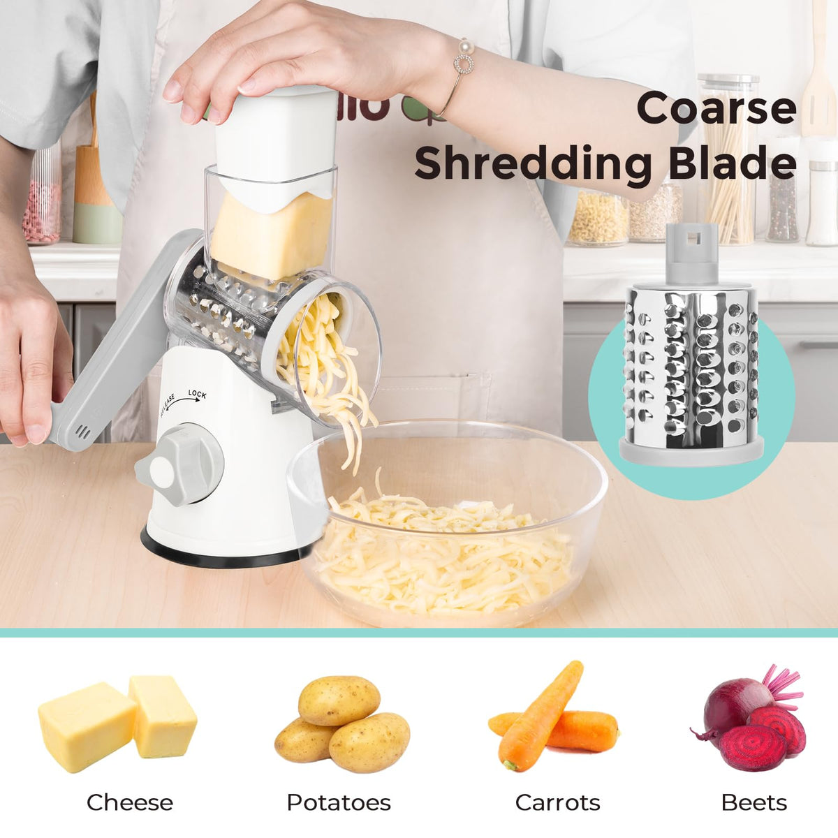 X Home rotary cheese grater shows interchangeable blades for versatile textures.