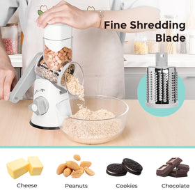 X Home rotary cheese grater with food pusher protecting fingers while grating.