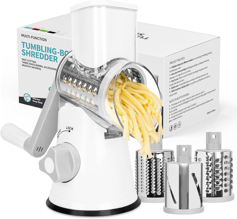 X Home rotary cheese grater with handle for stable, comfortable shredding.