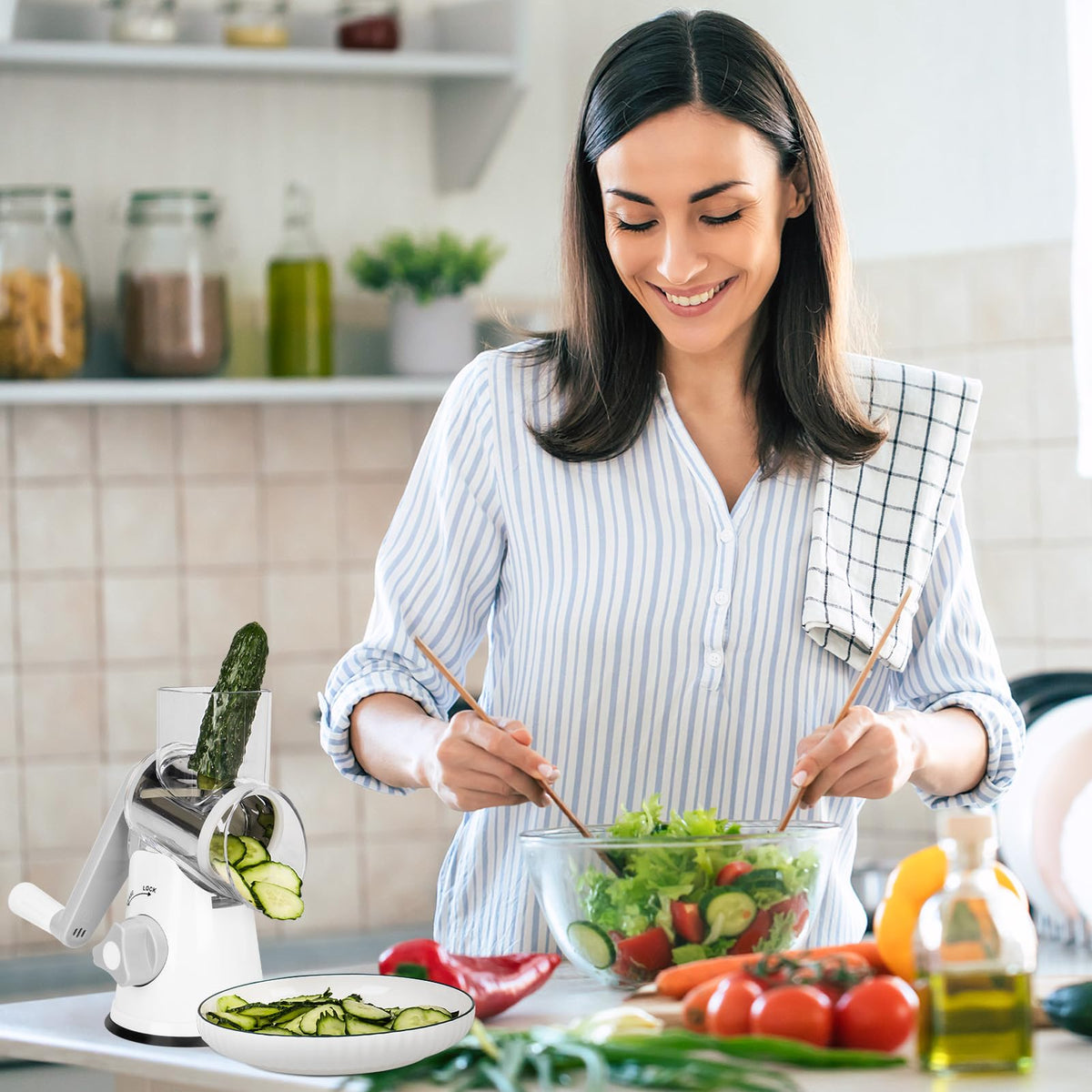 X Home rotary cheese grater on a clean counter showing effortless setup.