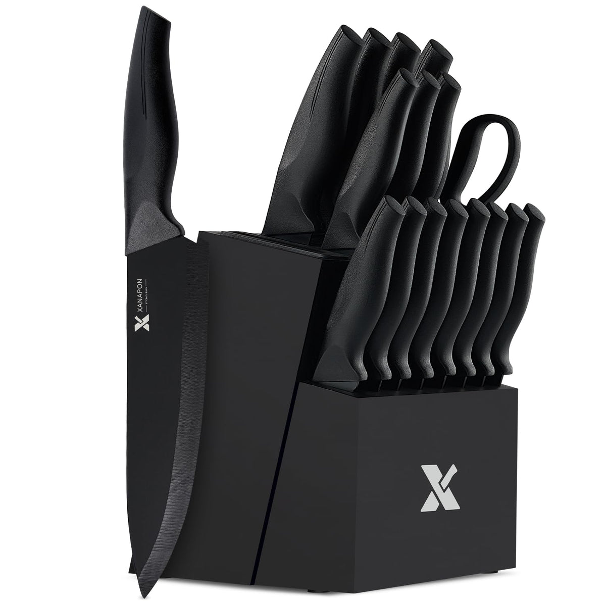 XANAPON 19-piece knife set in black block with built-in sharpener for ready edges
