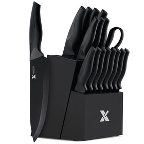 XANAPON 19-piece knife set in black block with built-in sharpener for ready edges