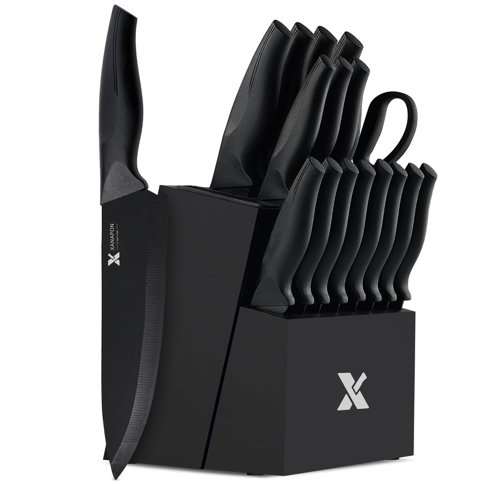 XANAPON 19-piece knife set in black block with built-in sharpener for ready edges