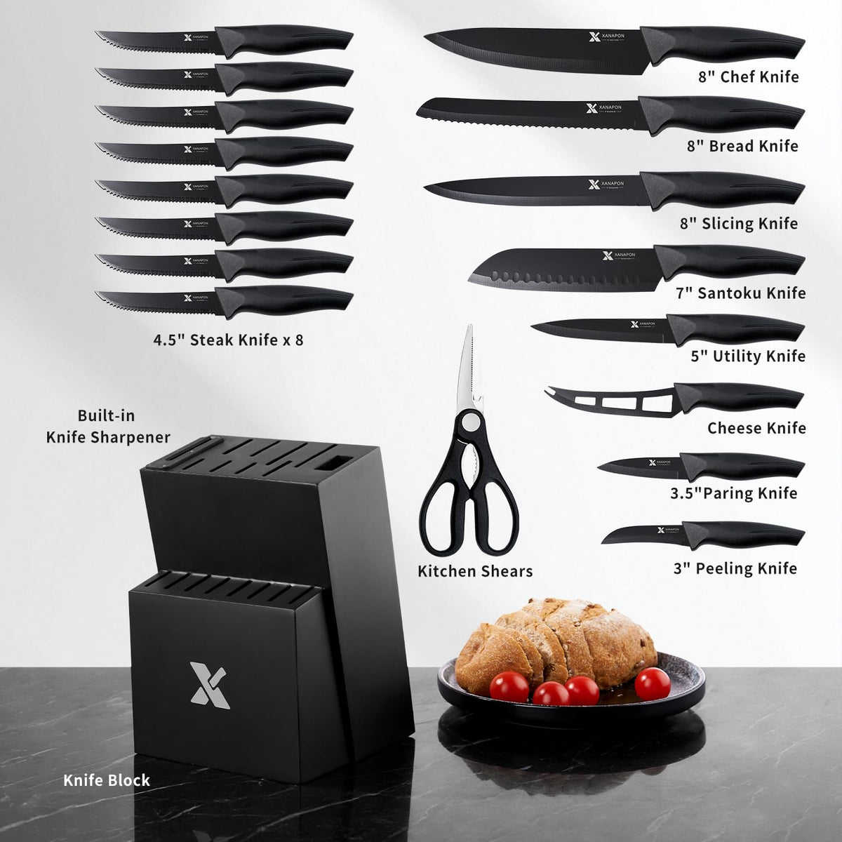 XANAPON 8-piece steak knives with ergonomic handles for easy carving