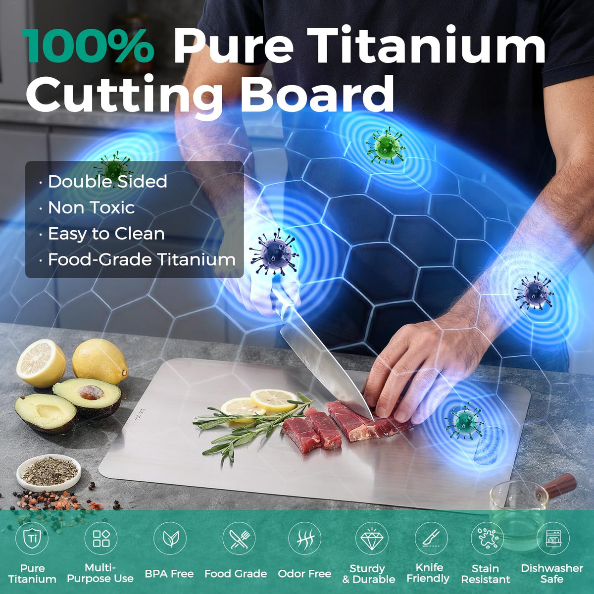 Xanthic Katuchef titanium cutting board back view showing meat side