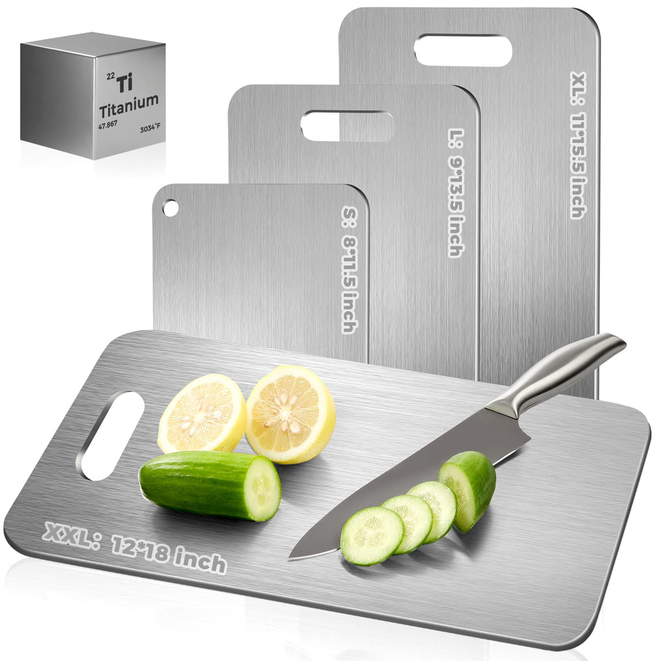 Xanthic Katuchef titanium cutting board front view with dual sides for produce and meat