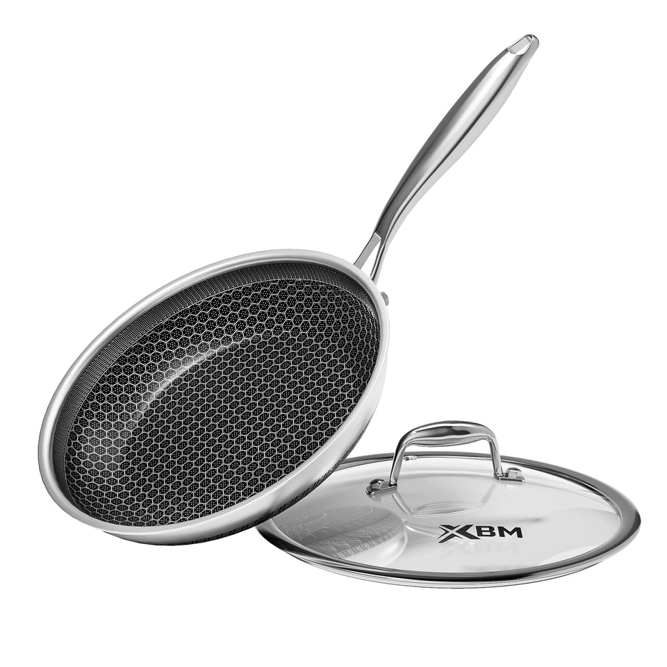 XBM frying pan with lid in silver offers nonstick, easy oil-free cooking