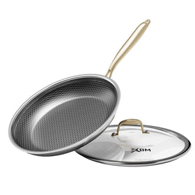 XBM 12-inch nonstick frying pan with lid for oil-free sautéing and even browning.