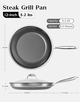 XBM skillet with ceramic honeycomb surface enables oil-free, low-smoke cooking.