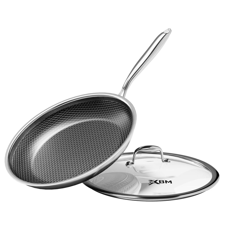XBM nonstick frying pan with lid 10 inch for controlled simmering and splatter containment