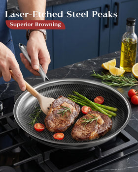 XBM pan with tri-ply stainless steel ensures reliable, even heating.