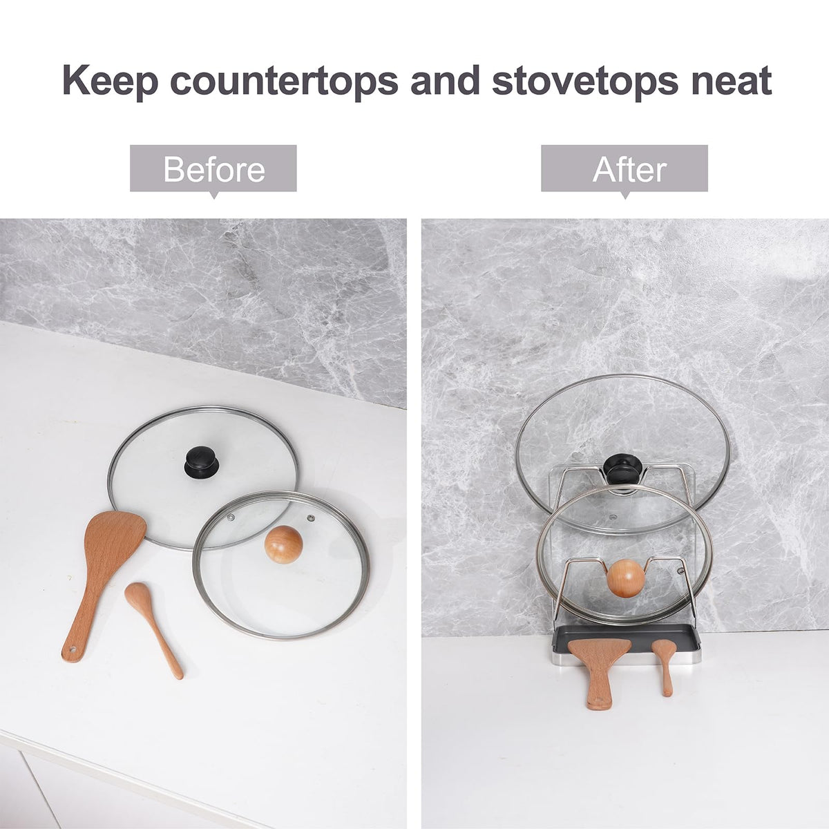 XCCK space-saving lid stand fits two lids neatly.