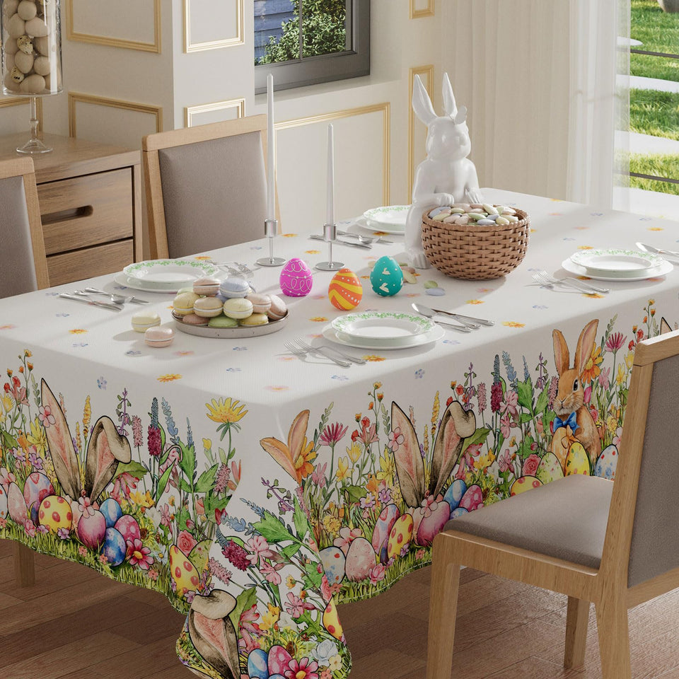 XCHI bunny ears eggs tablecloth close-up; festive Easter design for joyful indoor gatherings.