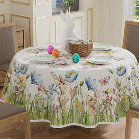 XCHI Bunny Eggs Flower Butterfly Watercolor tablecloth adding whimsy to daily family dining