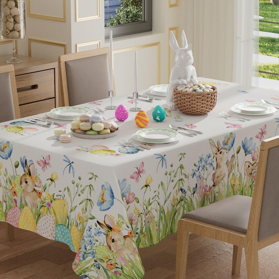 XCHI Bunny Eggs Flower Watercolor tablecloth for Easter decor and easy cleanup.