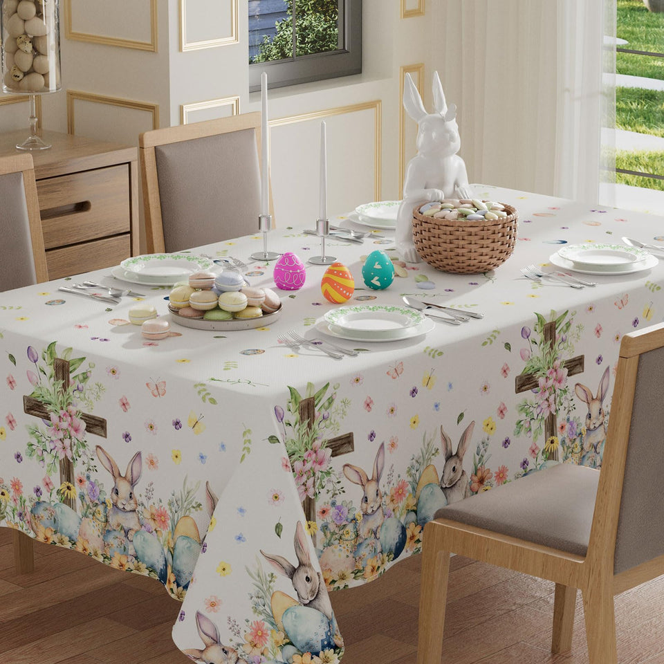 XCHI Bunny Eggs Flowers tablecloth with Easter motif for festive indoor dining.