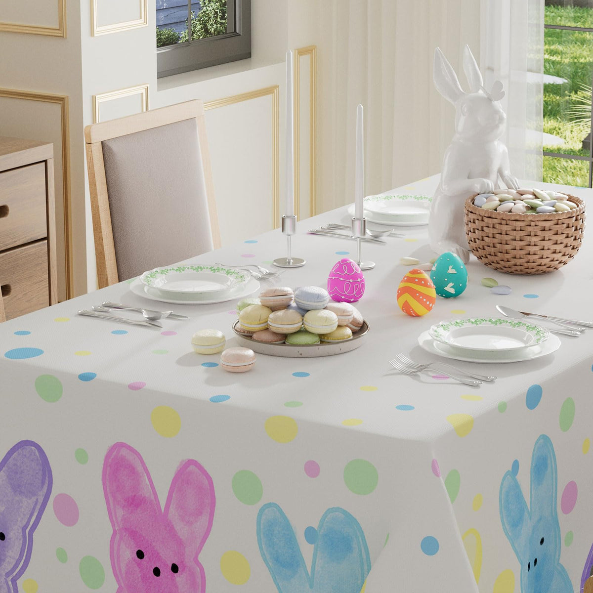 XCHI Colorful Dots Bunny Tablecloth closeup shows durable washable fabric