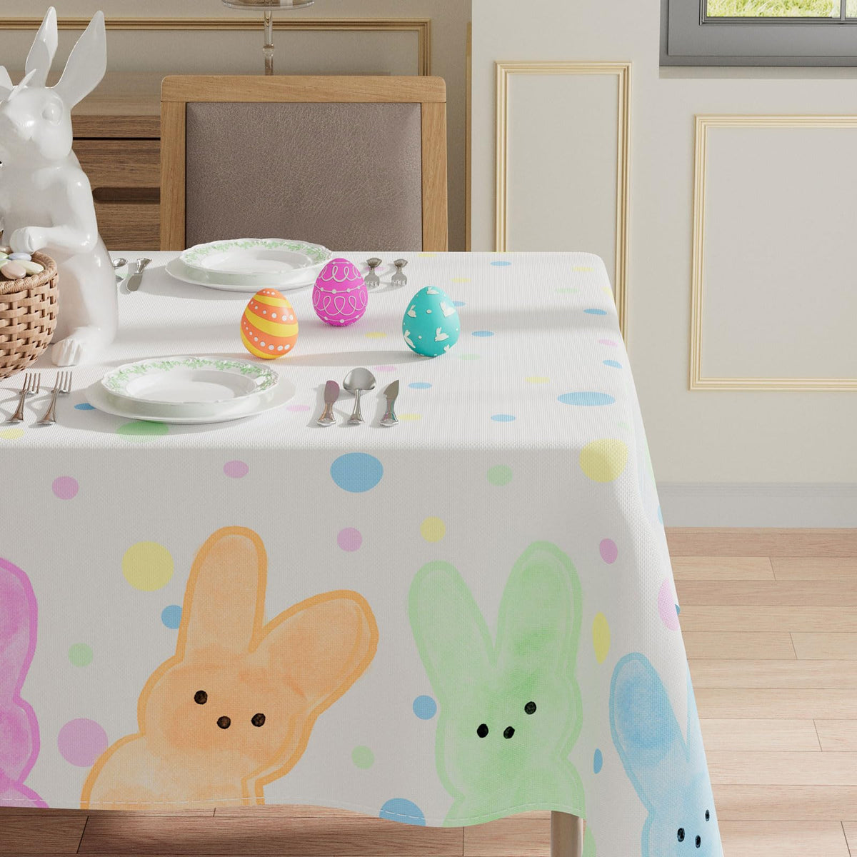 XCHI Colorful Dots Bunny Tablecloth on a dining setup for versatile use