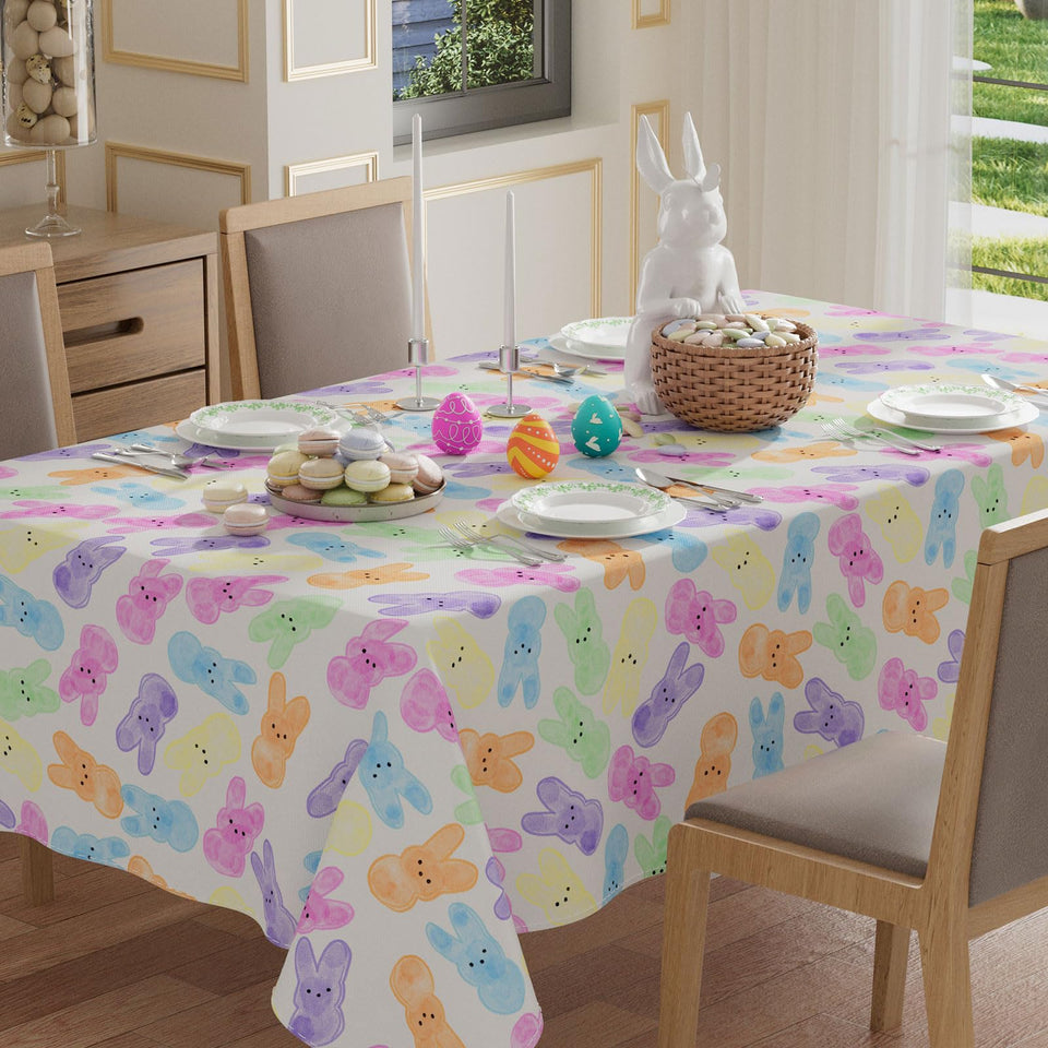 XCHI colorful watercolor bunny tablecloth on dining table, ideal for festive Easter gatherings.