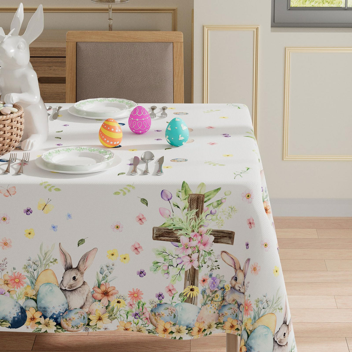 XCHI Easter tablecloth shown on indoor and outdoor dining setup
