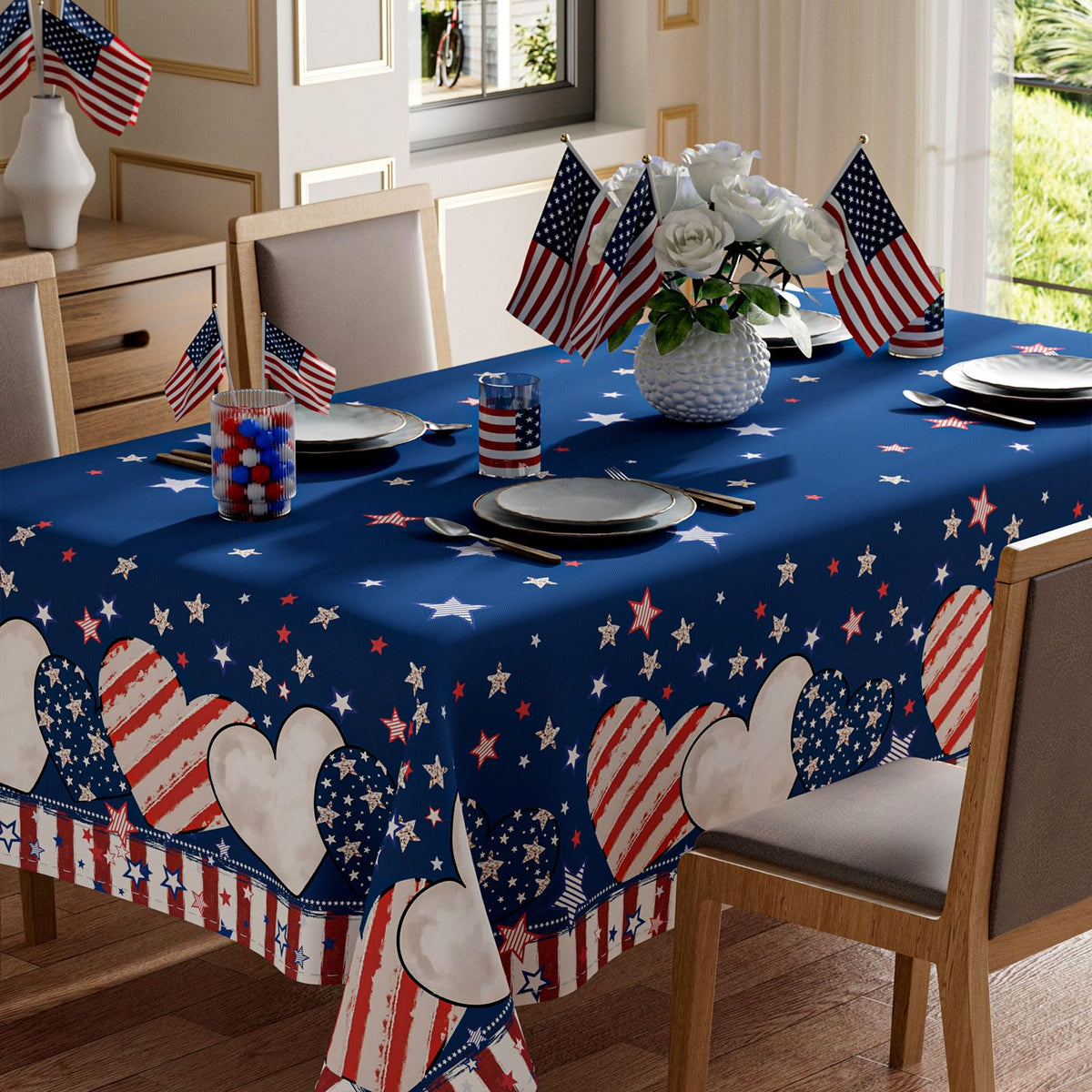 XCHI patriotic tablecloth with stripe stars and heart design on a 60x84 table for festive gatherings.