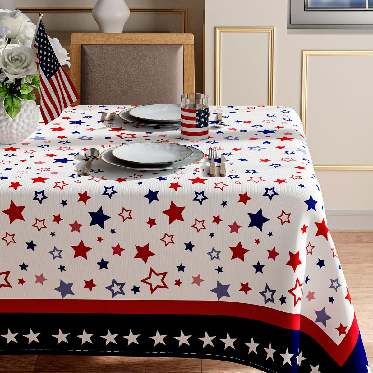 XCHI Stars America tablecloth with patriotic pattern enhances holiday dining ambiance.