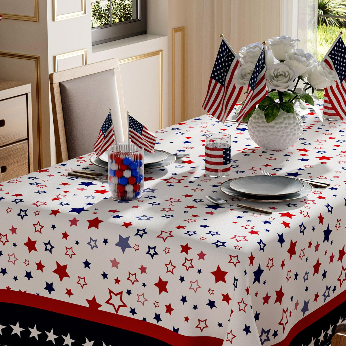 XCHI Stars America tablecloth fabric is machine washable for quick cleanup.
