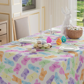 XCHI watercolor bunny tablecloth close-up showing vibrant print and washable fabric