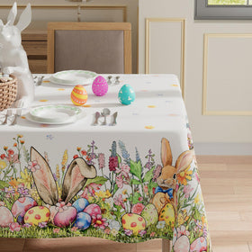 XCHI wildflowers rabbits tablecloth scene; bright pattern ideal for spring outdoor dining.