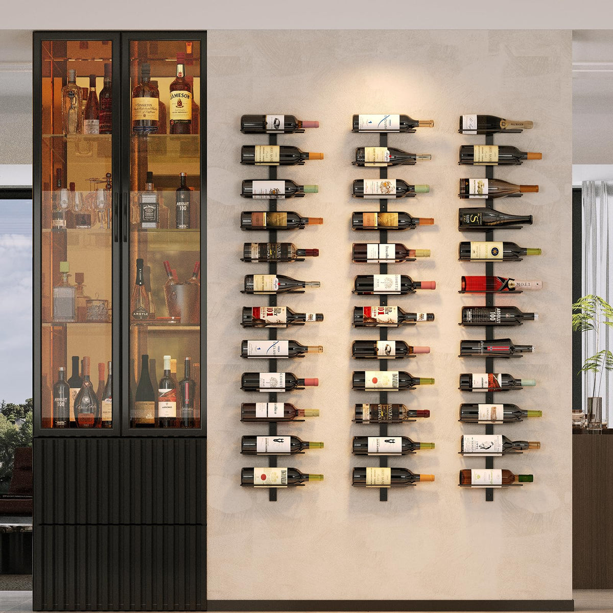 X-cosrack 36-bottle wall rack front view showing compact storage and neat alignment