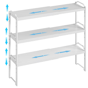 X-cosrack adjustable-length-height shelves show expandable length for versatile storage.