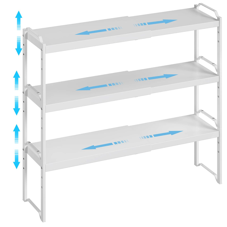 X-cosrack adjustable-length-height shelves show expandable length for versatile storage.