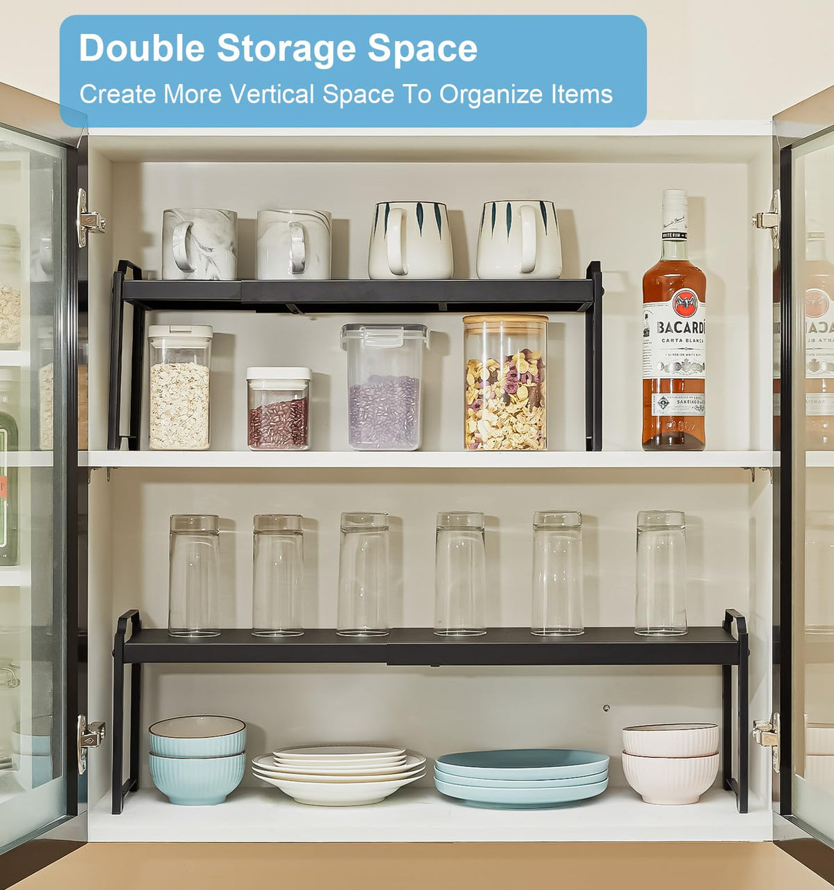 X-cosrack shelf ideal for spice jars and canned goods storage.