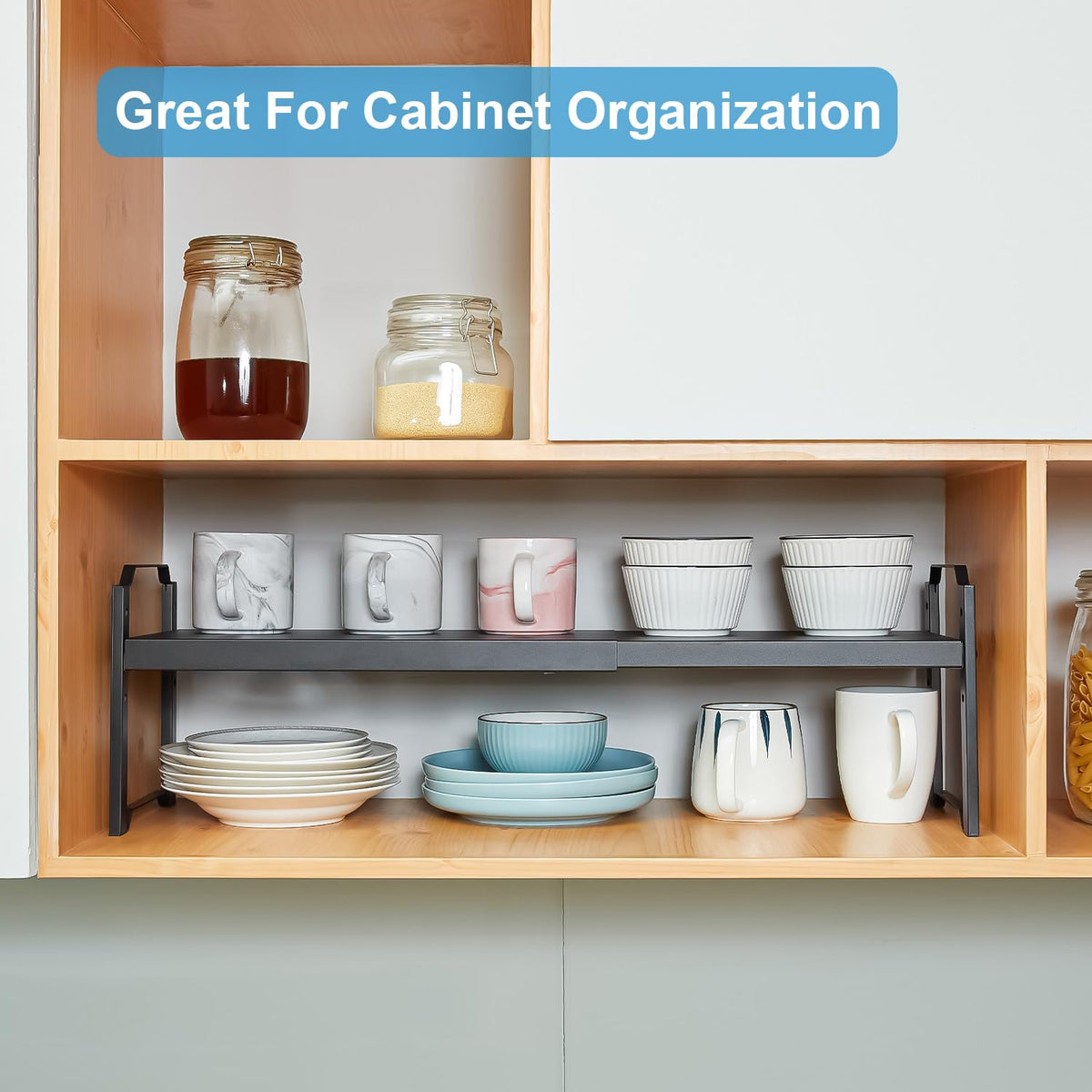 X-cosrack wide cabinet organizer for cups, dishes, and spice bottles.