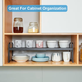 X-cosrack wide cabinet organizer for cups, dishes, and spice bottles.