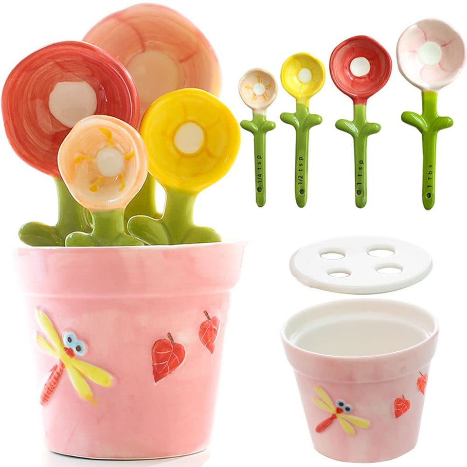 XDONEF flower spoons in pot show space-saving, decorative measuring for quick cooking