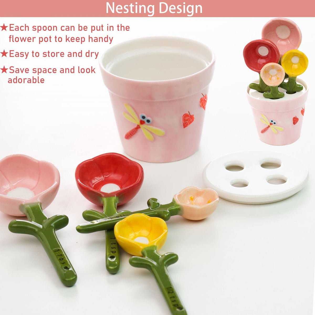 XDONEF pink flower spoons nest in pot for tidy, compact storage