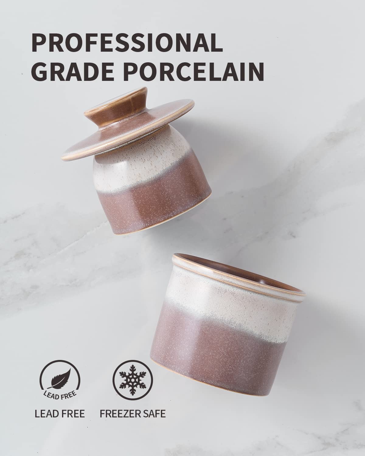 XELA porcelain butter crock shows durable, lead-free construction for safe use.