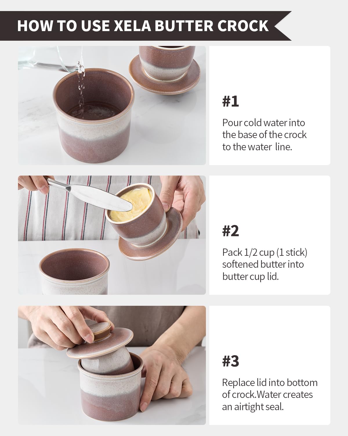 Gift-ready packaging of the XELA butter crock for kitchen lovers.