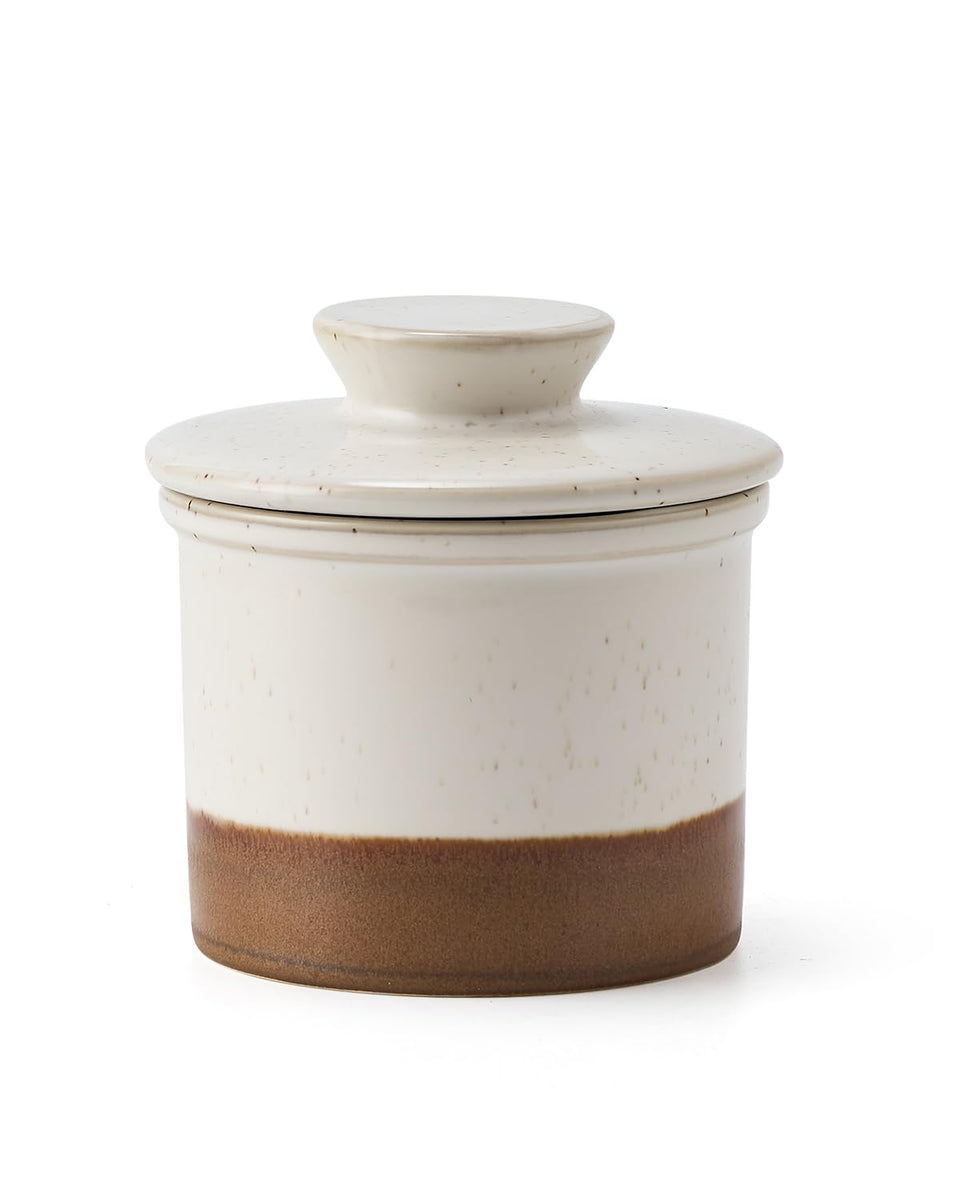 Xela butter crock latte glaze front view showing soft spreadable butter