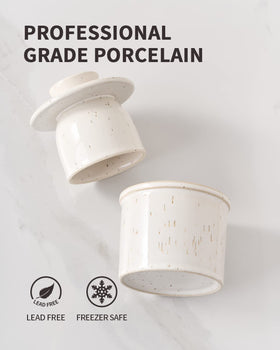 XELA butter crock closeup shows durable porcelain and speckled glaze texture.