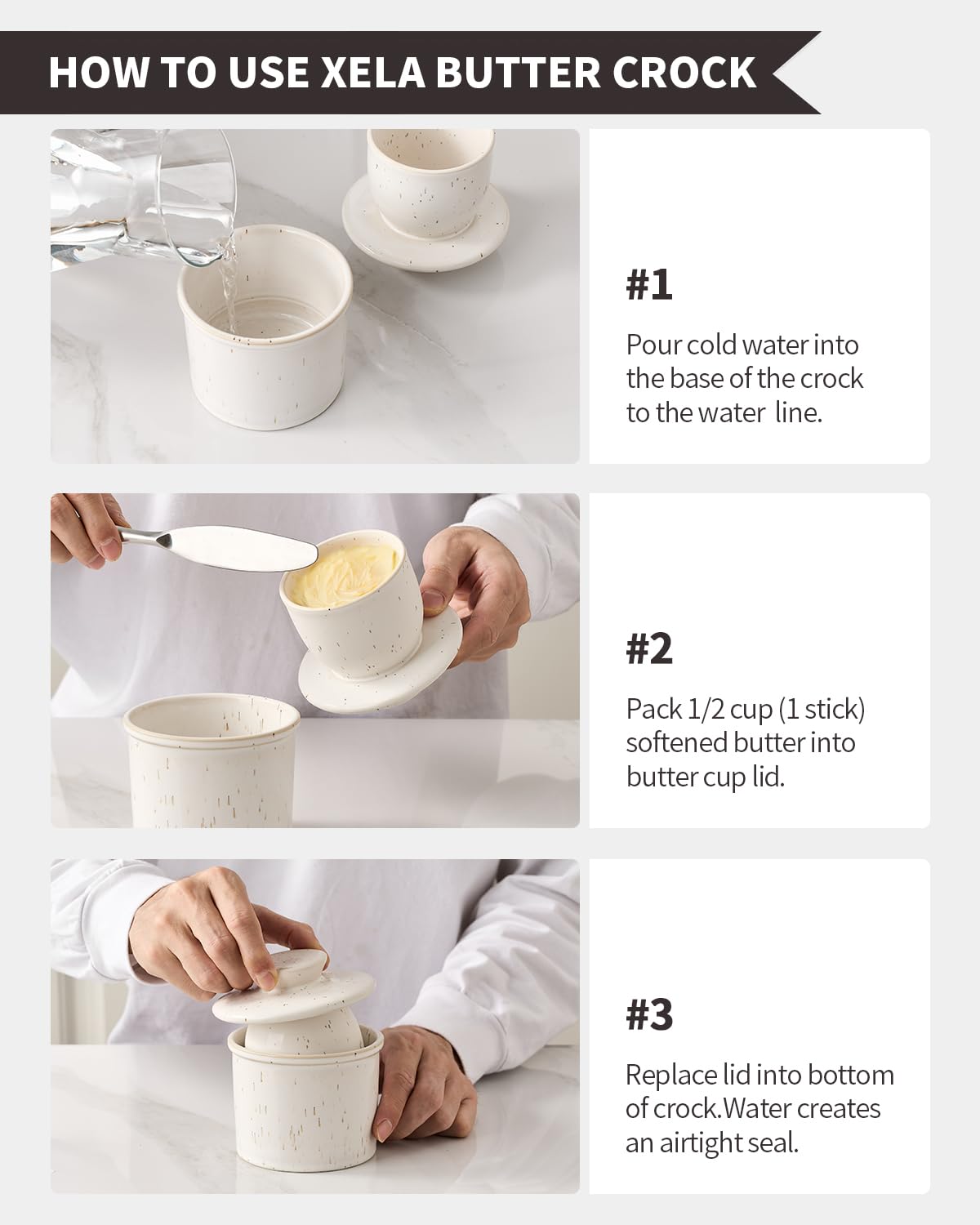XELA butter keeper rests on shelf, inviting easy daily butter access.