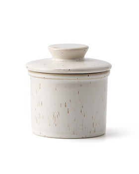 XELA Ceramic Butter Crock with lid shows the original speckled glaze on a stylish counter display.