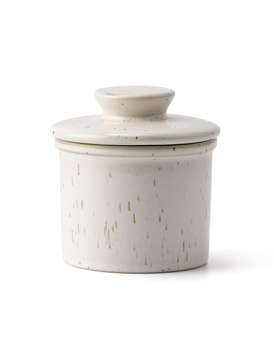 XELA Ceramic Butter Crock with lid shows the original speckled glaze on a stylish counter display.